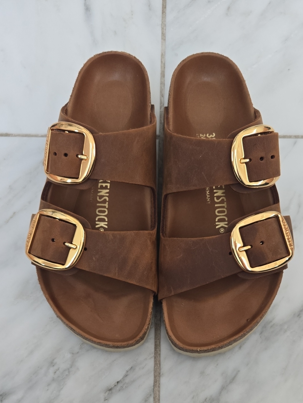 Birkenstock Arizona Big Buckle Sandals - Brown with Gold Buckles